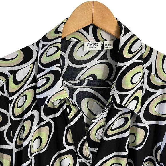 Cato Retro Pattern Button Up Blouse 22W 24W Black Tan Lime Green Circles Collar - Picture 3 of 9